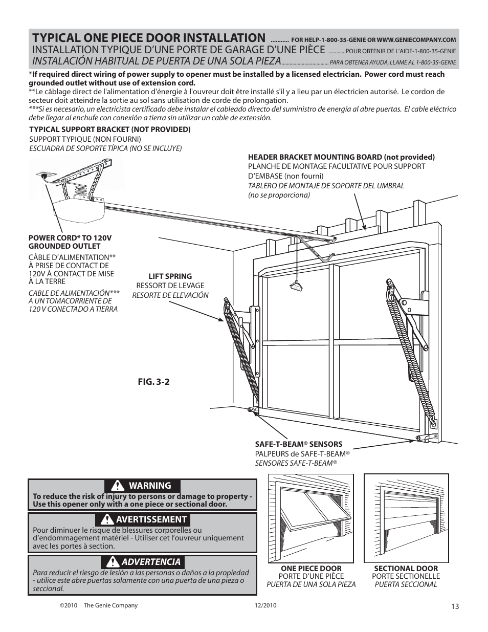 Typical one piece door installation, Instalación habitual de puerta de una sola pieza | Genie INTELLIG 4024 User Manual | Page 13 / 27