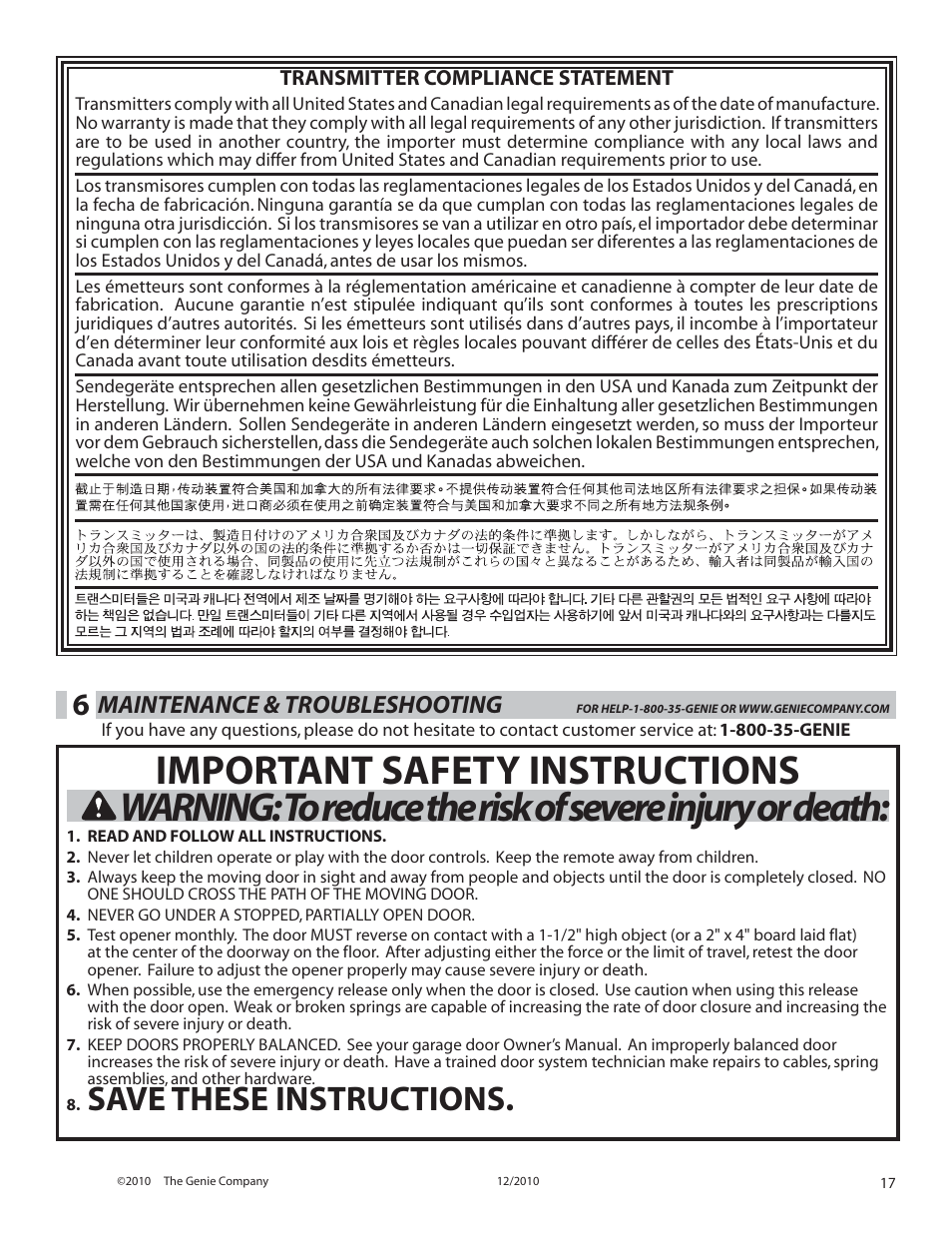 Save these instructions, Maintenance & troubleshooting | Genie INTELLIG 4024 User Manual | Page 17 / 27