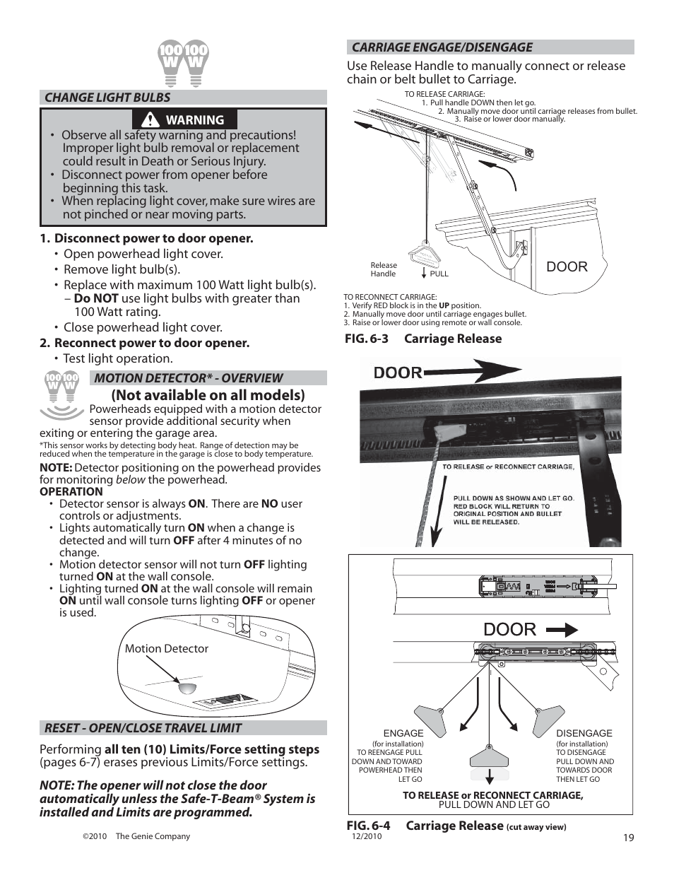 Not available on all models), Door, Fig. 6-4 carriage release | Genie INTELLIG 4024 User Manual | Page 19 / 27