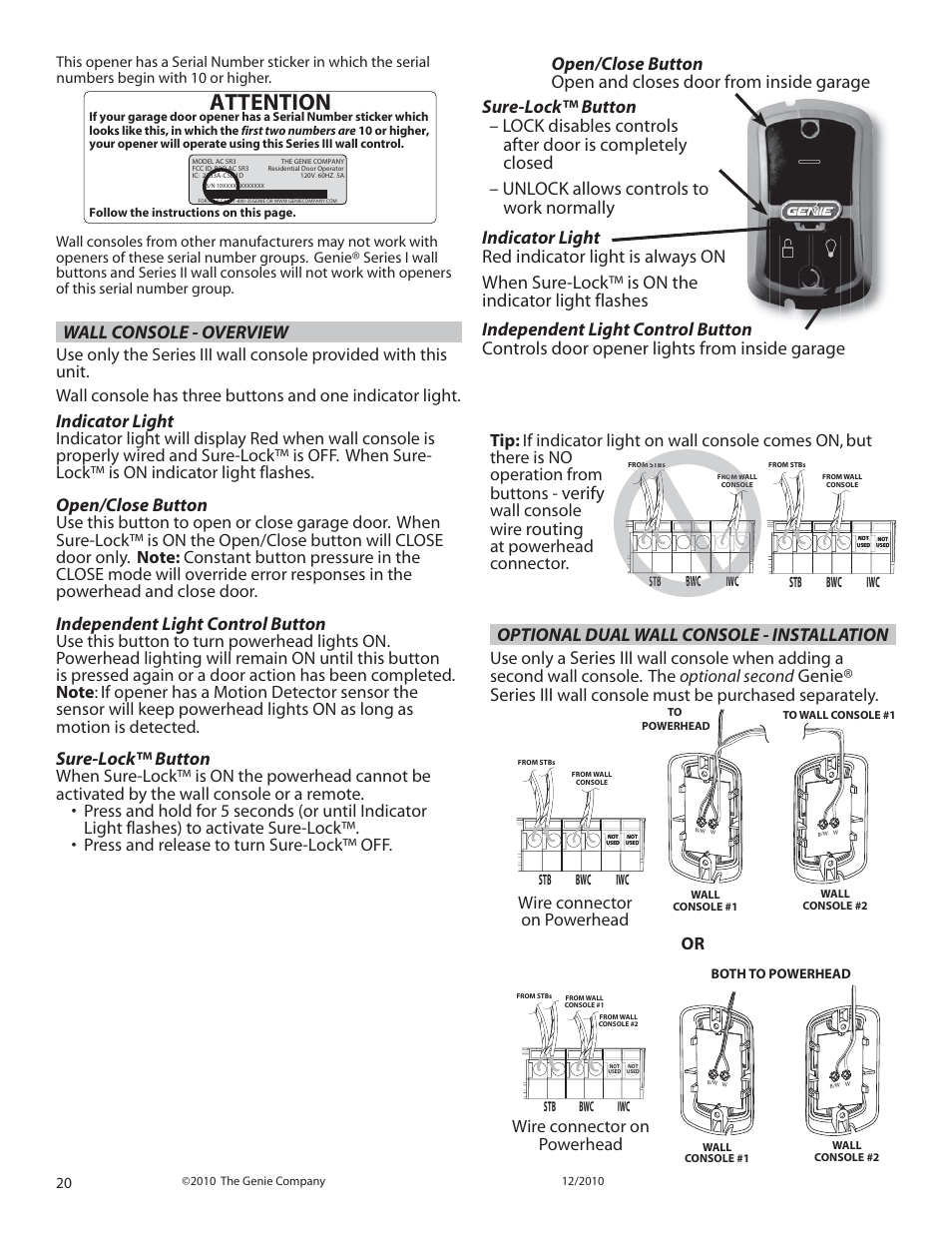 Attention, Indicator light, Open/close button | Independent light control button, Sure-lock™ button, Optional dual wall console - installation, Series iii, Genie® series iii, Verify, Routing | Genie INTELLIG 4024 User Manual | Page 20 / 27