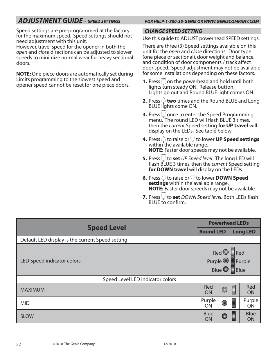Adjustment guide, Speed level | Genie INTELLIG 4024 User Manual | Page 22 / 27