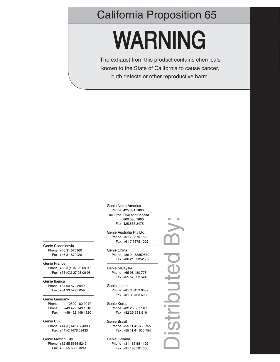 Warning, Distributed by, California proposition 65 | Genie Z-34 User Manual | Page 40 / 40