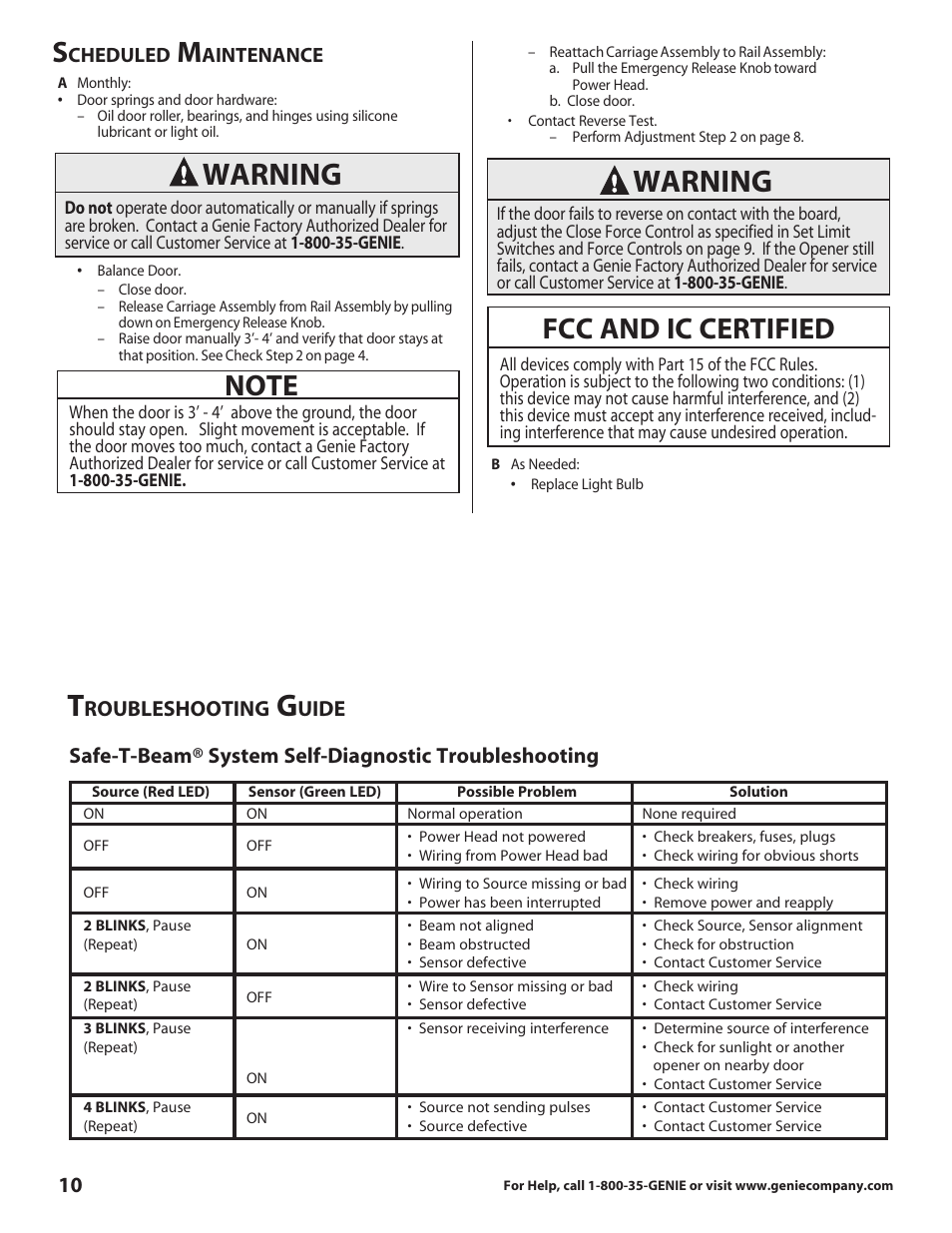 Warning, Fcc and ic certified, Roubleshooting | Uide 10, Cheduled, Aintenance | Genie 3681036666 User Manual | Page 10 / 14