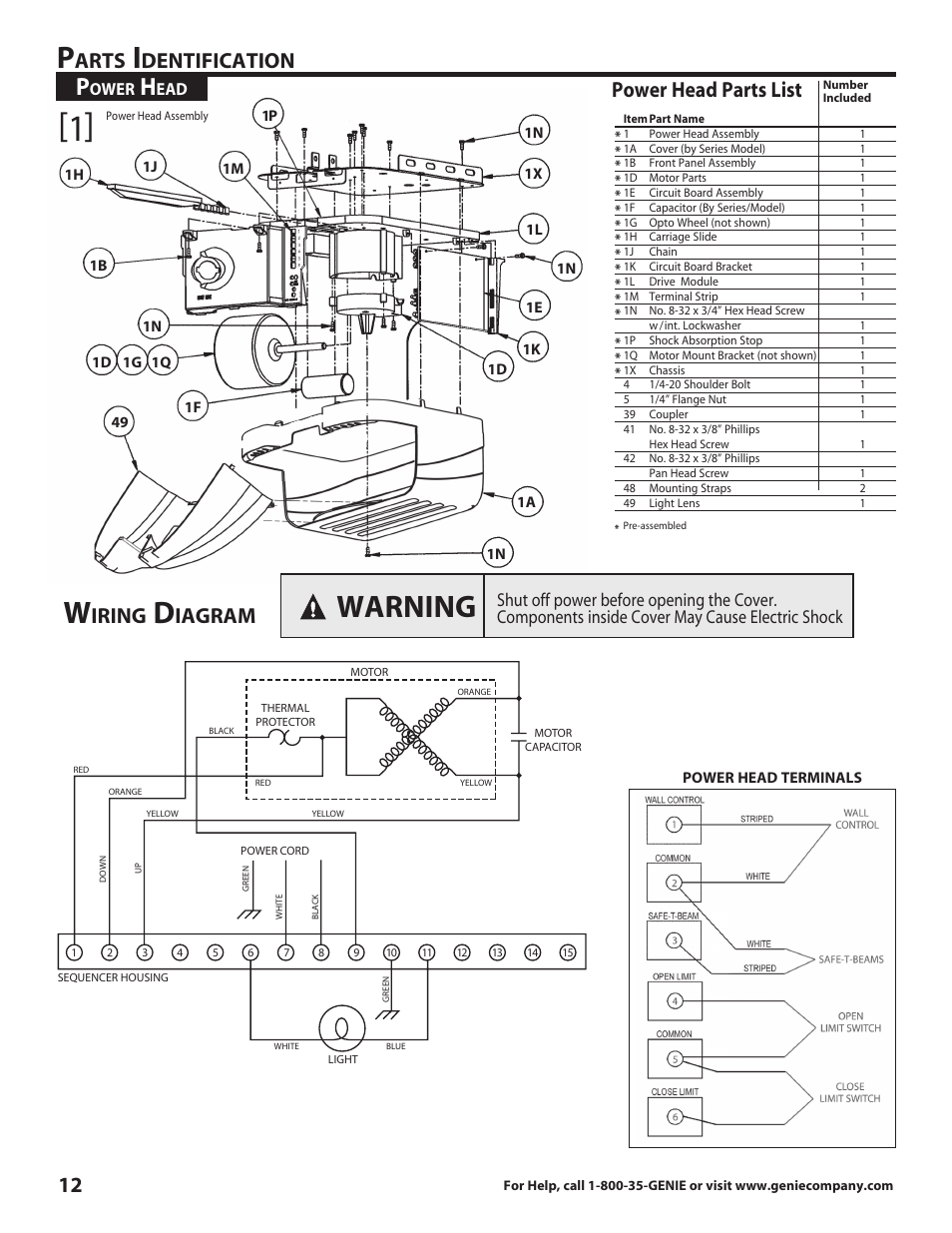 Warning, Arts, Dentification | Power head parts list, Iring, Iagram | Genie 3681036666 User Manual | Page 12 / 14