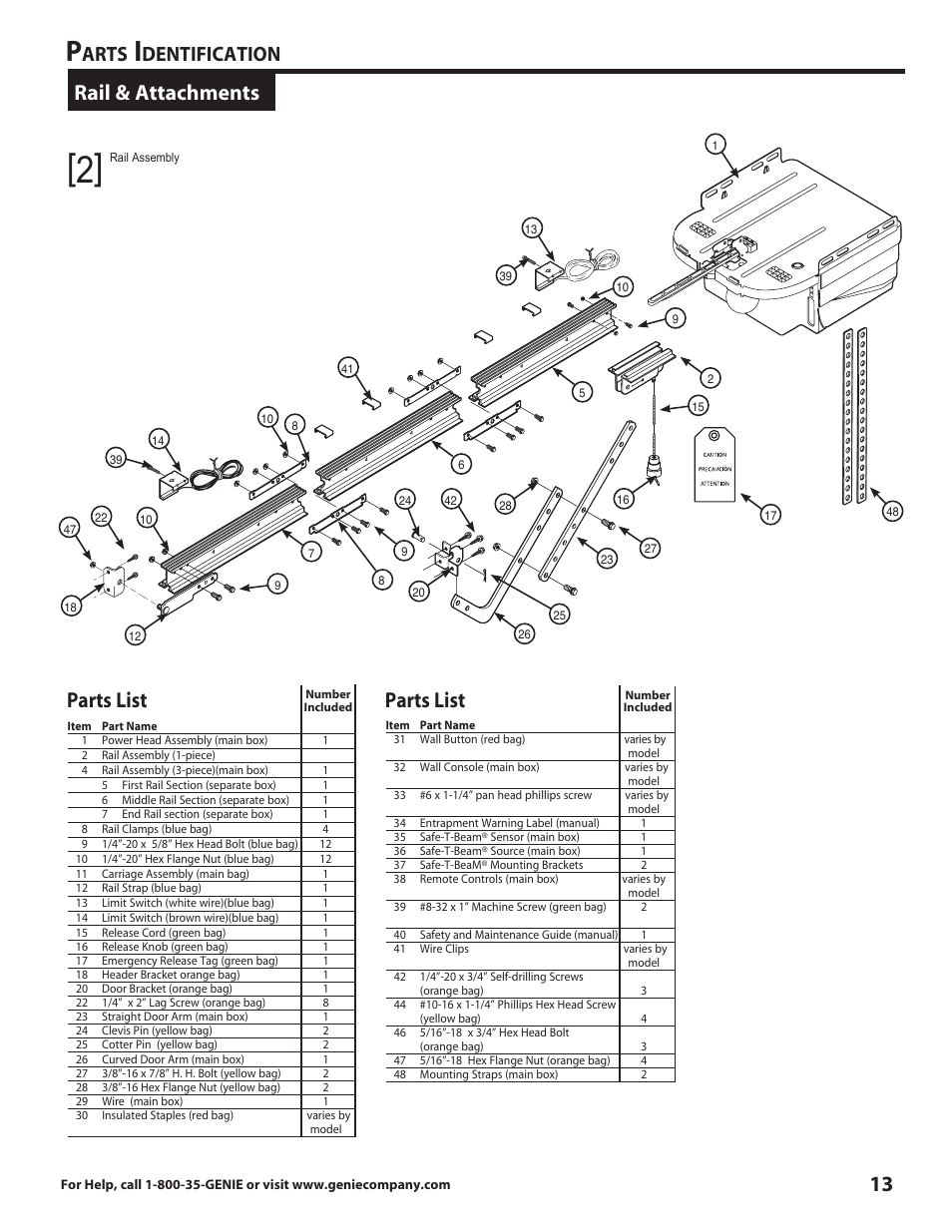 Rail & attachments, Parts list, Arts | Dentification | Genie 3681036666 User Manual | Page 13 / 14