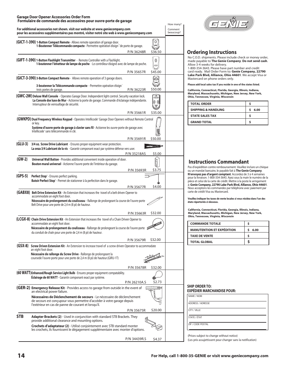 Ordering instructions instructions commandant | Genie 3681036666 User Manual | Page 14 / 14