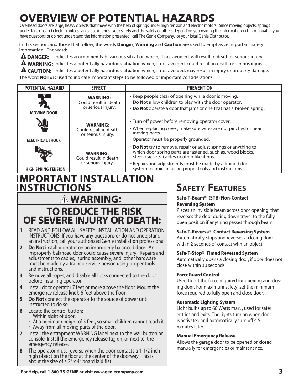 Overview of potential hazards, Important installation instructions, Warning: s | Afety, Eatures | Genie 3681036666 User Manual | Page 3 / 14