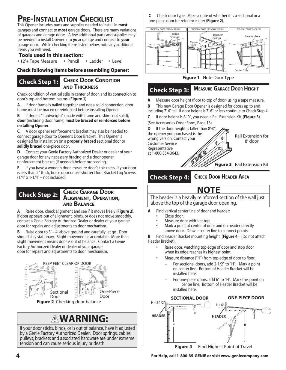 Warning, Check step 3, Nstallation | Hecklist, Check step 1, Check step 2, Check step 4 | Genie 3681036666 User Manual | Page 4 / 14