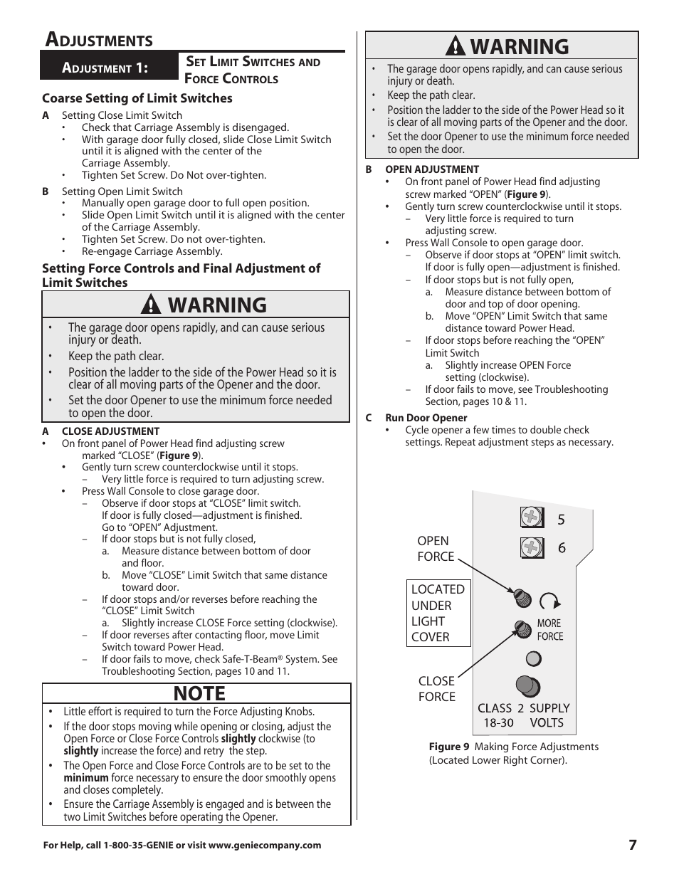 Warning, Djustments | Genie 3681036666 User Manual | Page 7 / 14