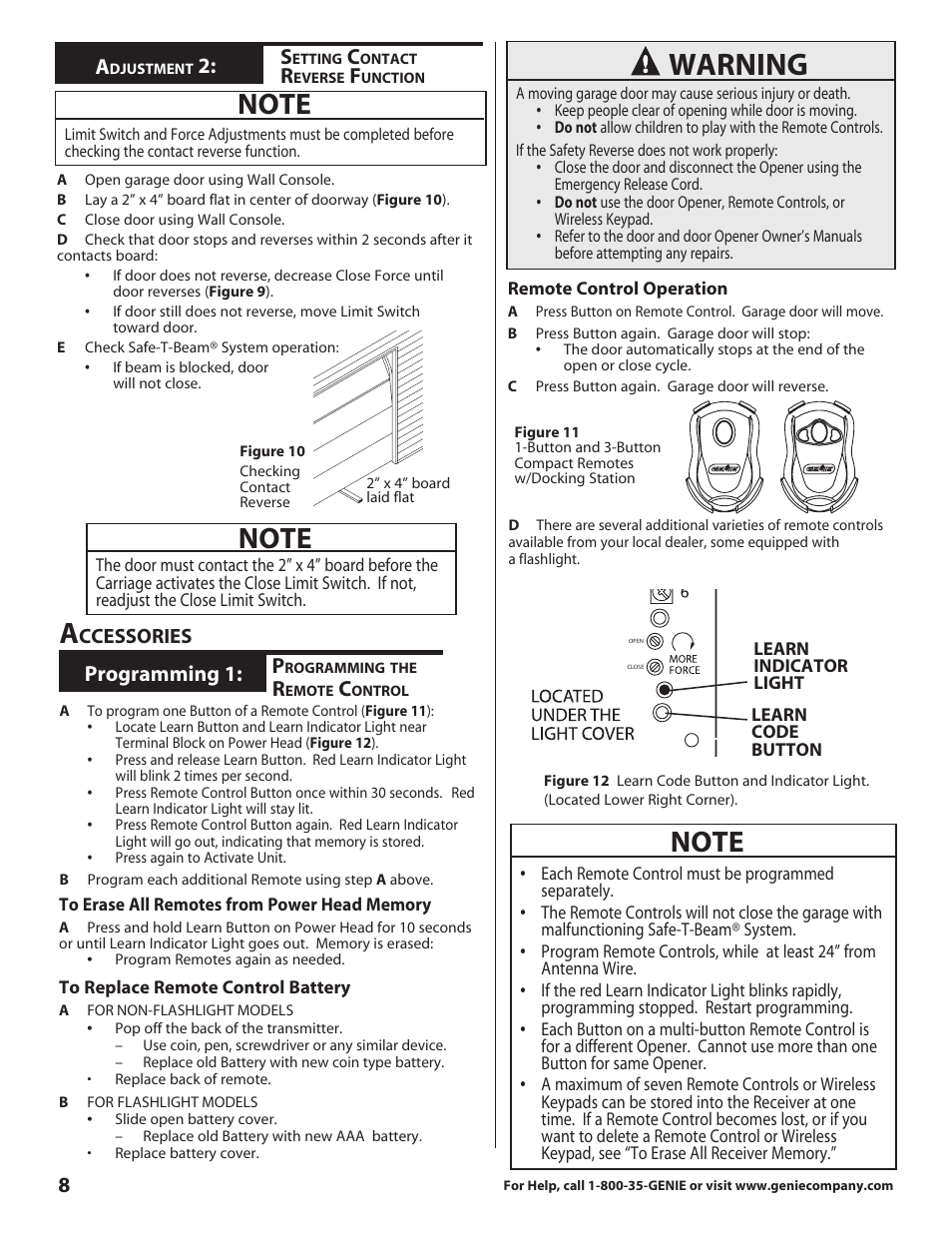 Warning, Programming 1, Ccessories | Genie 3681036666 User Manual | Page 8 / 14