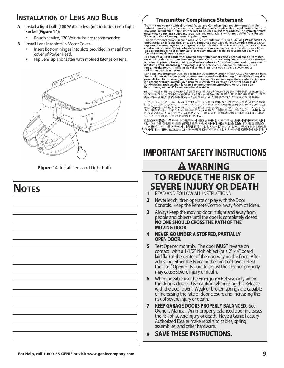 Important safety instructions, Otes, Save these instructions | Genie 3681036666 User Manual | Page 9 / 14