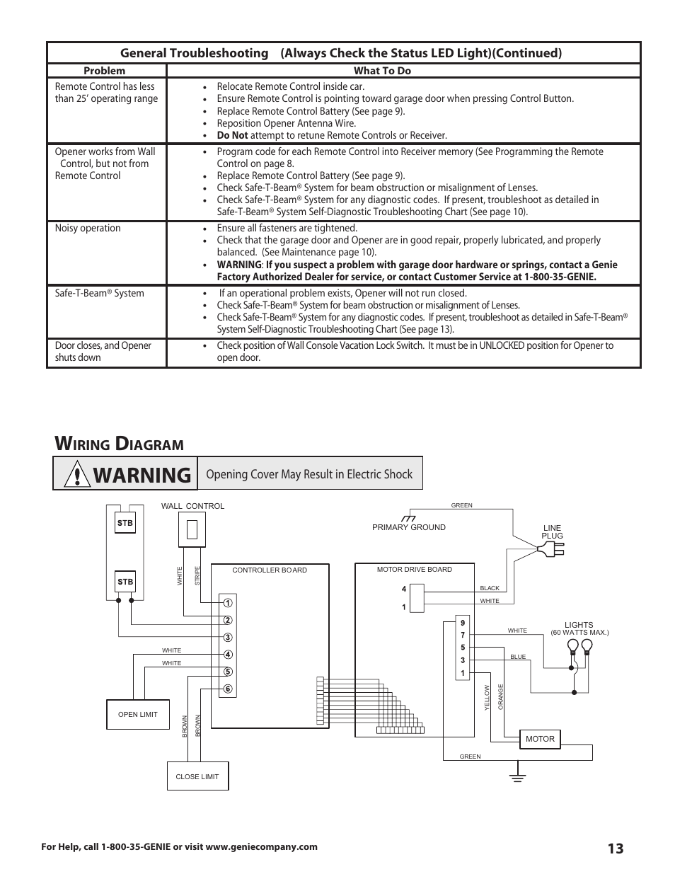 Warning, Iring, Iagram | Opening cover may result in electric shock | Genie 3630436275 User Manual | Page 13 / 16