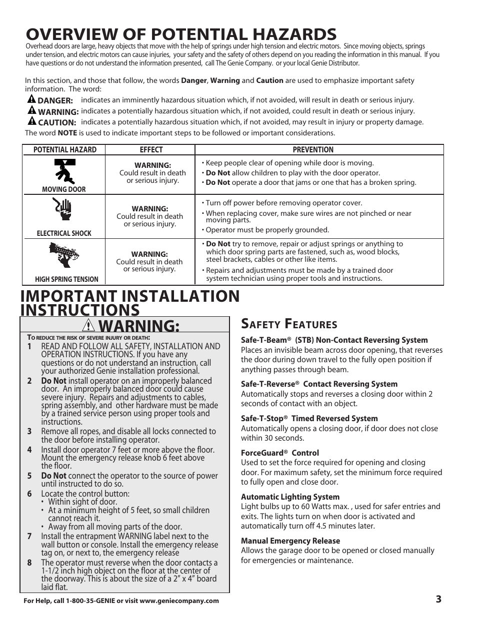 Overview of potential hazards, Important installation instructions, Warning | Genie 3630436275 User Manual | Page 3 / 16