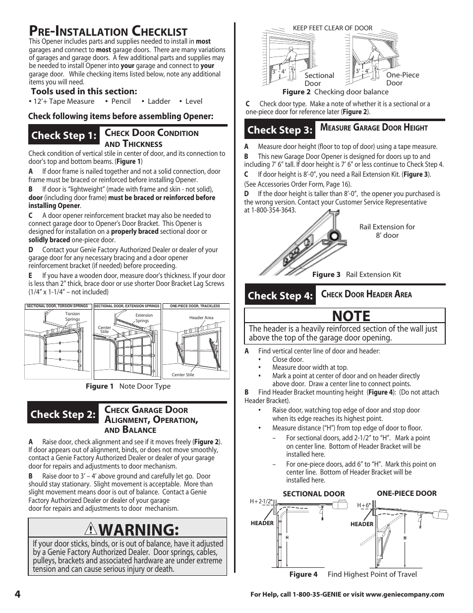 Warning, Check step 3, Nstallation | Hecklist, Check step 1, Check step 2, Check step 4 | Genie 3630436275 User Manual | Page 4 / 16