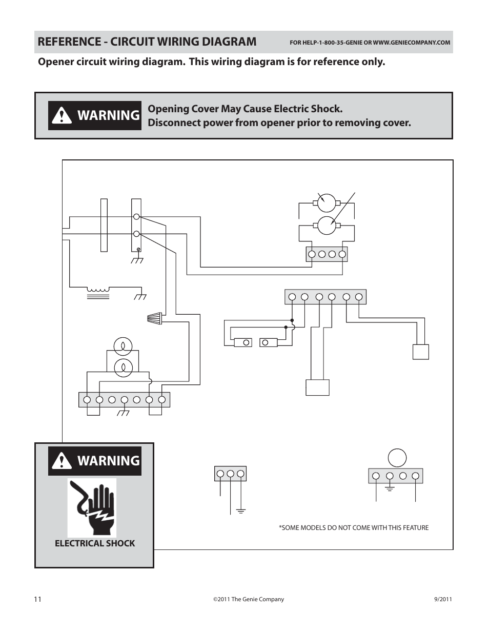 Warning, Reference - circuit wiring diagram, Power cord | Electrical shock | Genie SILENTMAX 1000 User Manual | Page 12 / 14