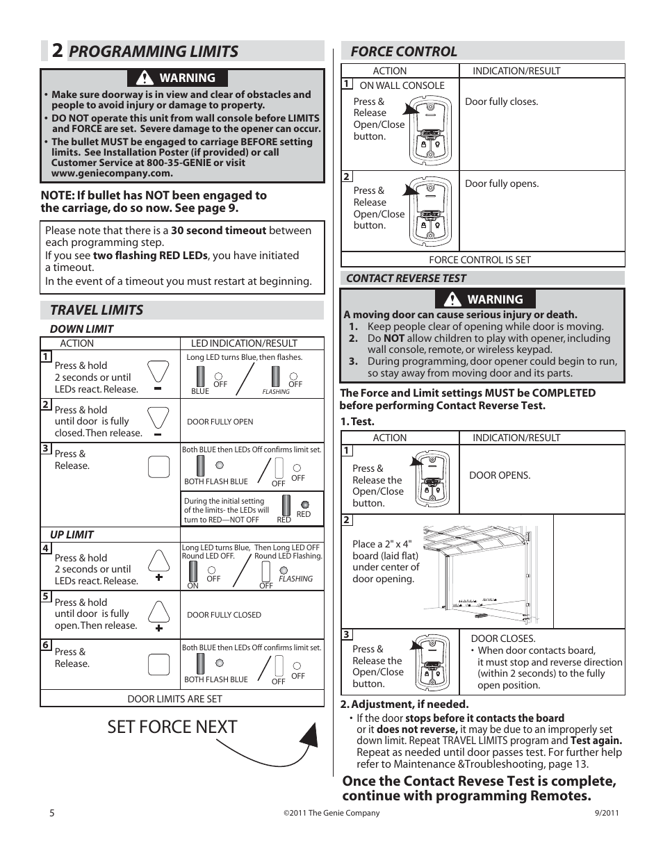 Set force next, Progr, Amming limits | Travel limits, Force control | Genie SILENTMAX 1000 User Manual | Page 6 / 14