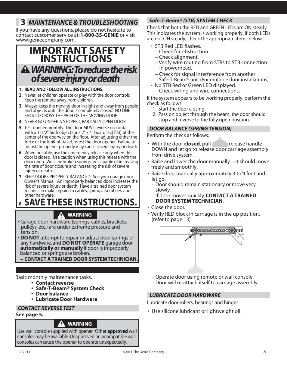 Save these instructions, Maintenance & troubleshooting | Genie SILENTMAX 1000 User Manual | Page 9 / 14