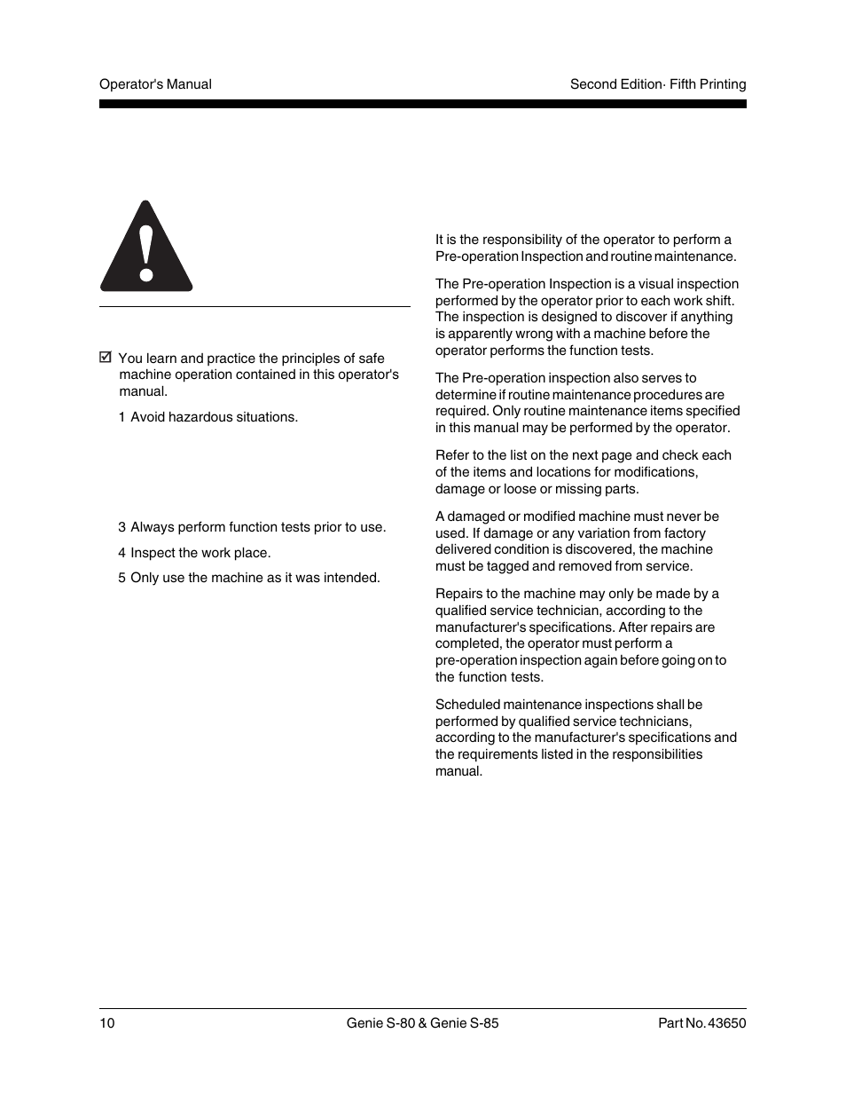Pre-operation inspection, Do not operate unless, Fundamentals | Genie S-85 User Manual | Page 12 / 33