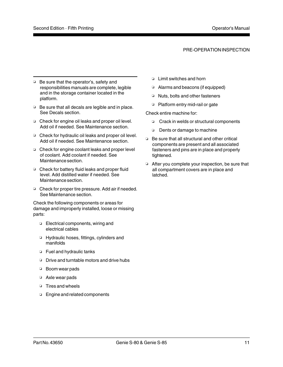 Pre-operation inspection | Genie S-85 User Manual | Page 13 / 33