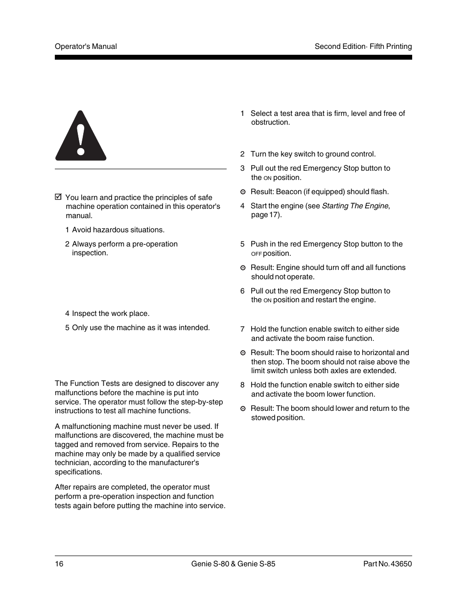Function tests, Do not operate unless, Fundamentals | At the ground controls | Genie S-85 User Manual | Page 18 / 33