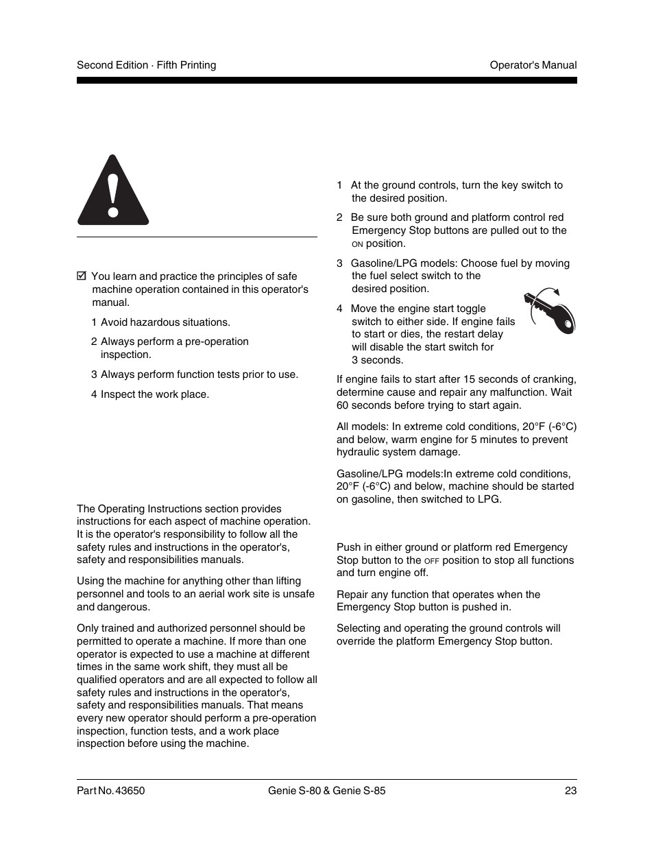 Operating instructions, Starting the engine, Emergency stop | Do not operate unless, Fundamentals | Genie S-85 User Manual | Page 25 / 33