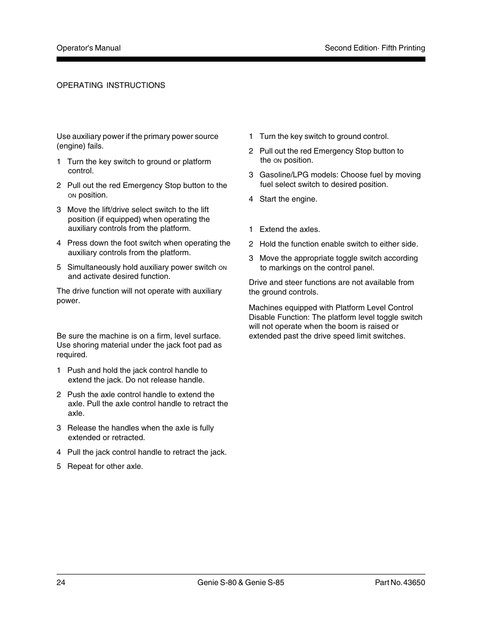 Operation from ground, Auxiliary controls, Extendable axles | Genie S-85 User Manual | Page 26 / 33