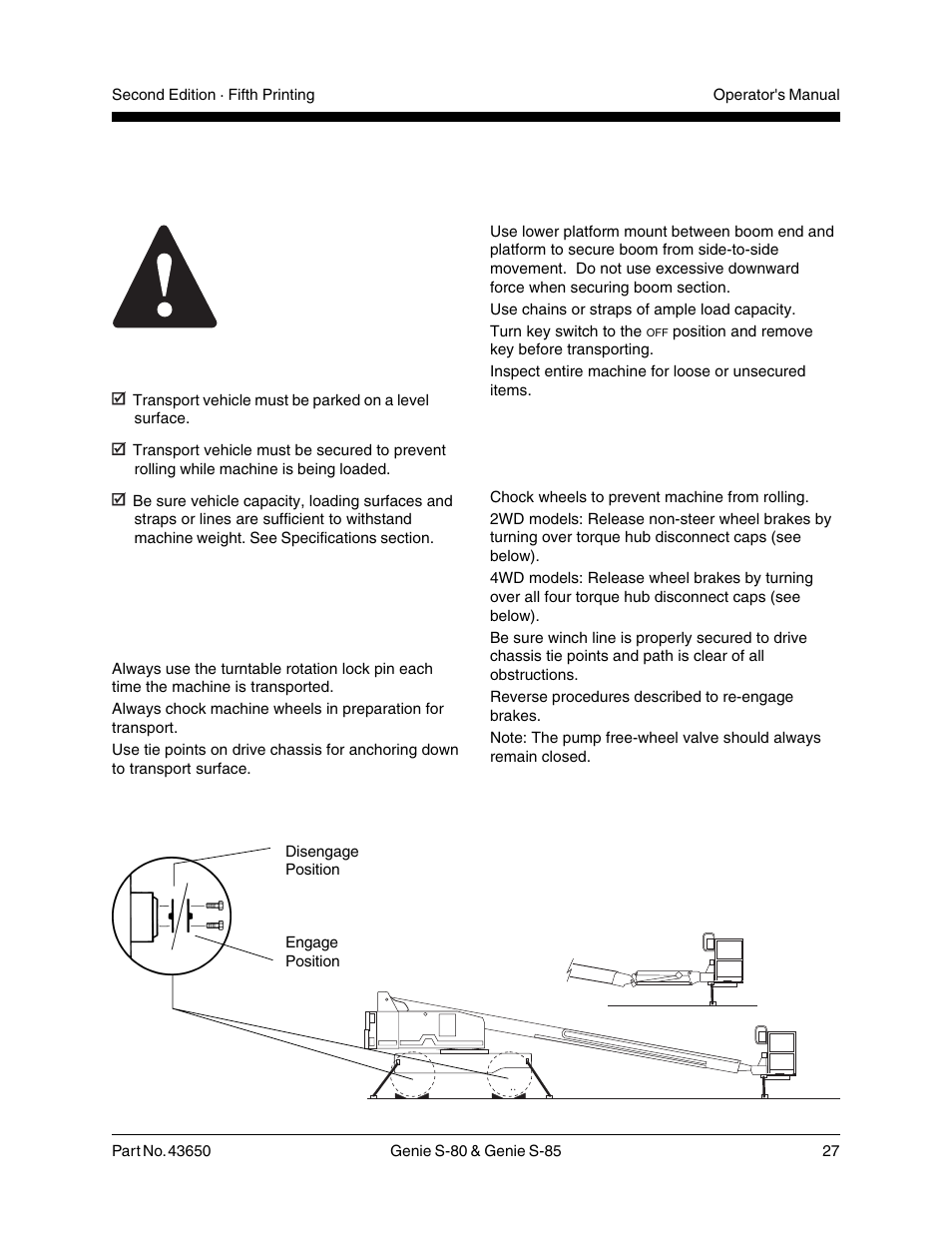 Transport instructions, Free-wheel configuration for winching, Observe and obey | Securing to truck or trailer for transit | Genie S-85 User Manual | Page 29 / 33