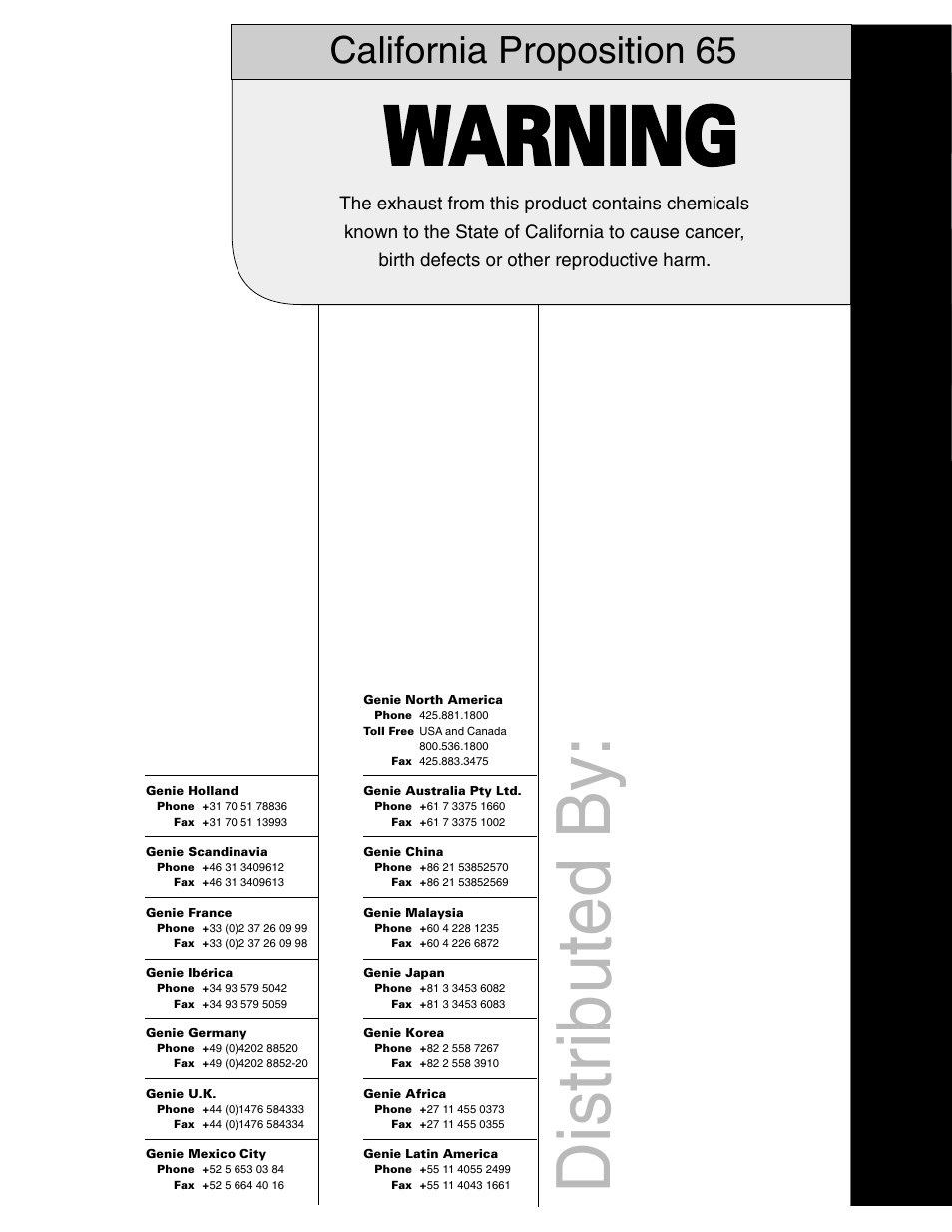 Warning, Distributed by, California proposition 65 | Genie S-85 User Manual | Page 33 / 33