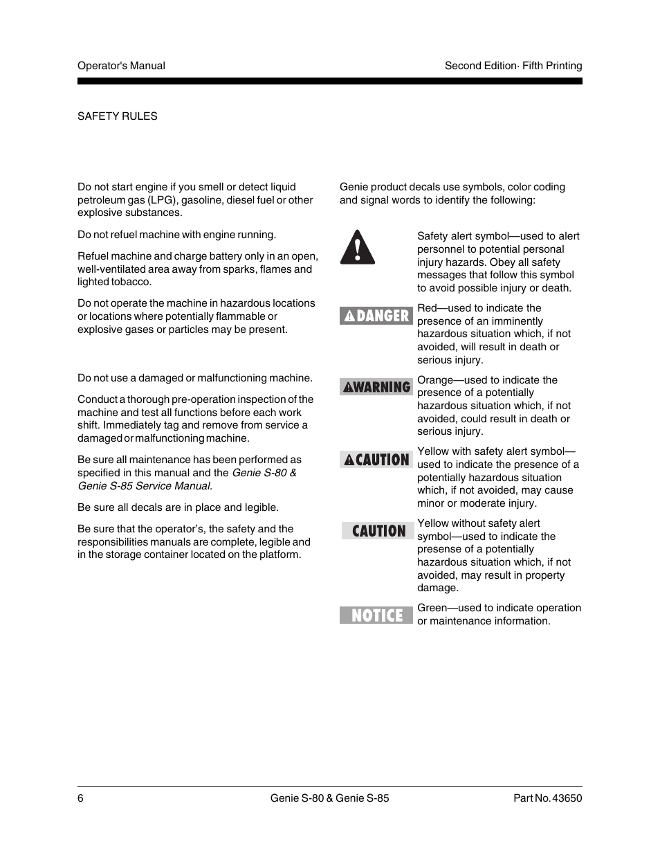 Explosion and fire hazards, Damaged machine hazards, Decal legend | Genie S-85 User Manual | Page 8 / 33