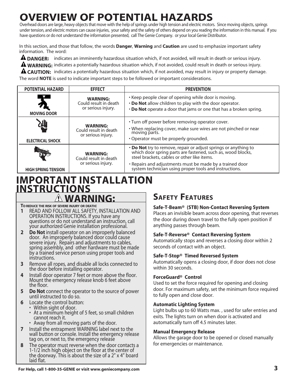 Overview of potential hazards, Important installation instructions, Warning | Genie DirectLift 3060 User Manual | Page 3 / 14