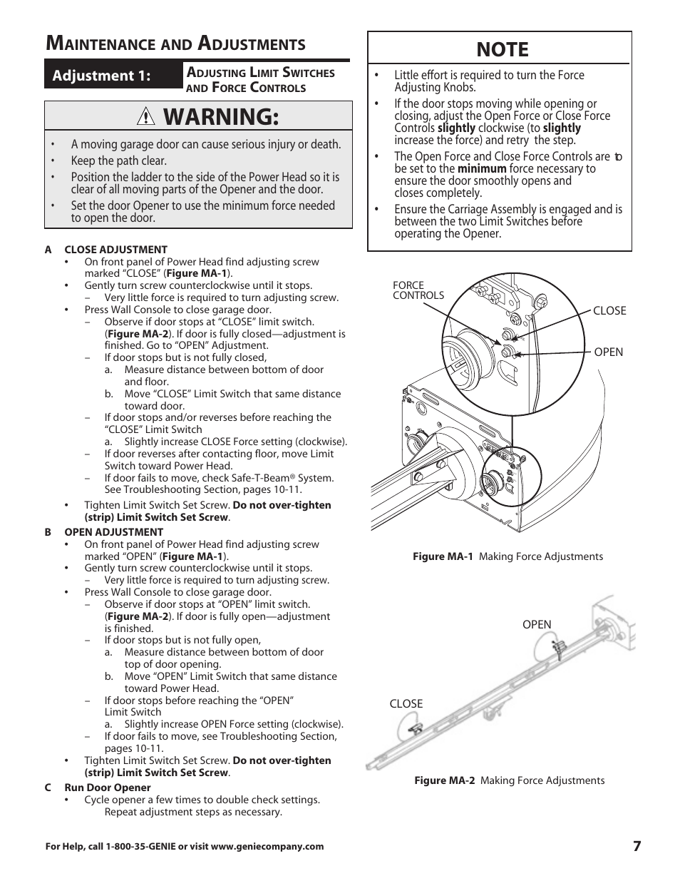 Warning, Adjustment 1, Aintenance | Djustments | Genie DirectLift 3060 User Manual | Page 7 / 14