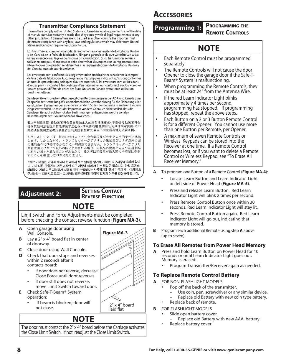 Programming 1, Adjustment 2, Ccessories | Genie DirectLift 3060 User Manual | Page 8 / 14