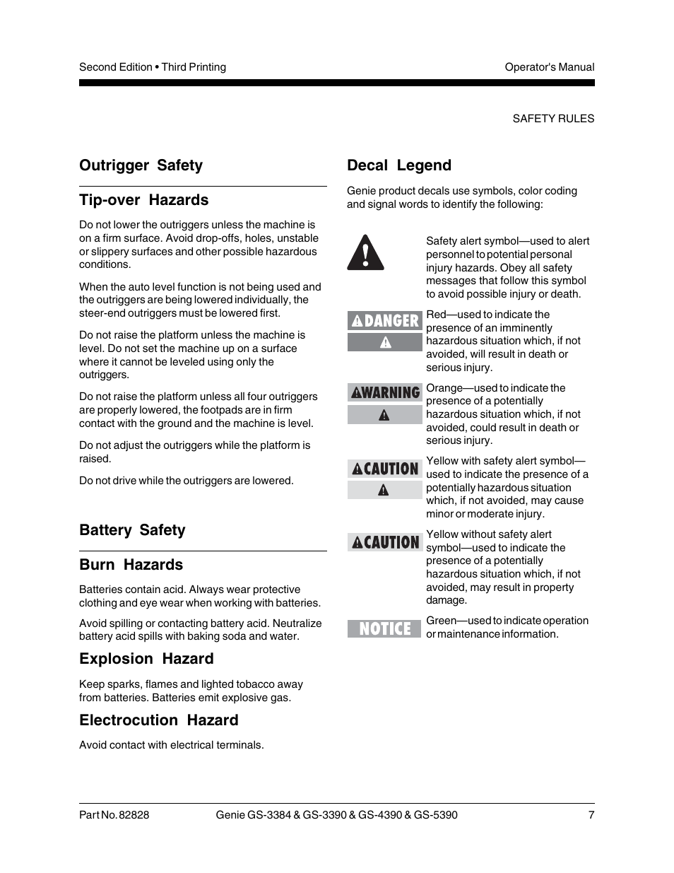 Outrigger safety tip-over hazards, Decal legend, Battery safety burn hazards | Explosion hazard, Electrocution hazard | Genie GS-5390 User Manual | Page 9 / 36
