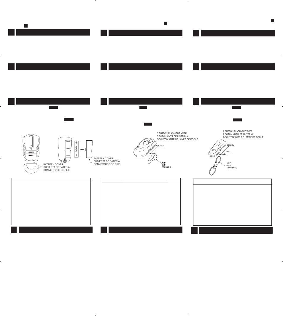 Battery / visor clip installation, Multi-button transmitters, Operación del transmisor | Instalación de la batería / sujetador de visera, Transmisores de botones múltiples, Pour effacer la mémoire du récepteur, Pour actionner la télécommande, Pose de la pile/pince pare-soleil, Télécommandes à plusieurs boutons, Transmitter operation | Genie 3578235796 User Manual | Page 2 / 2