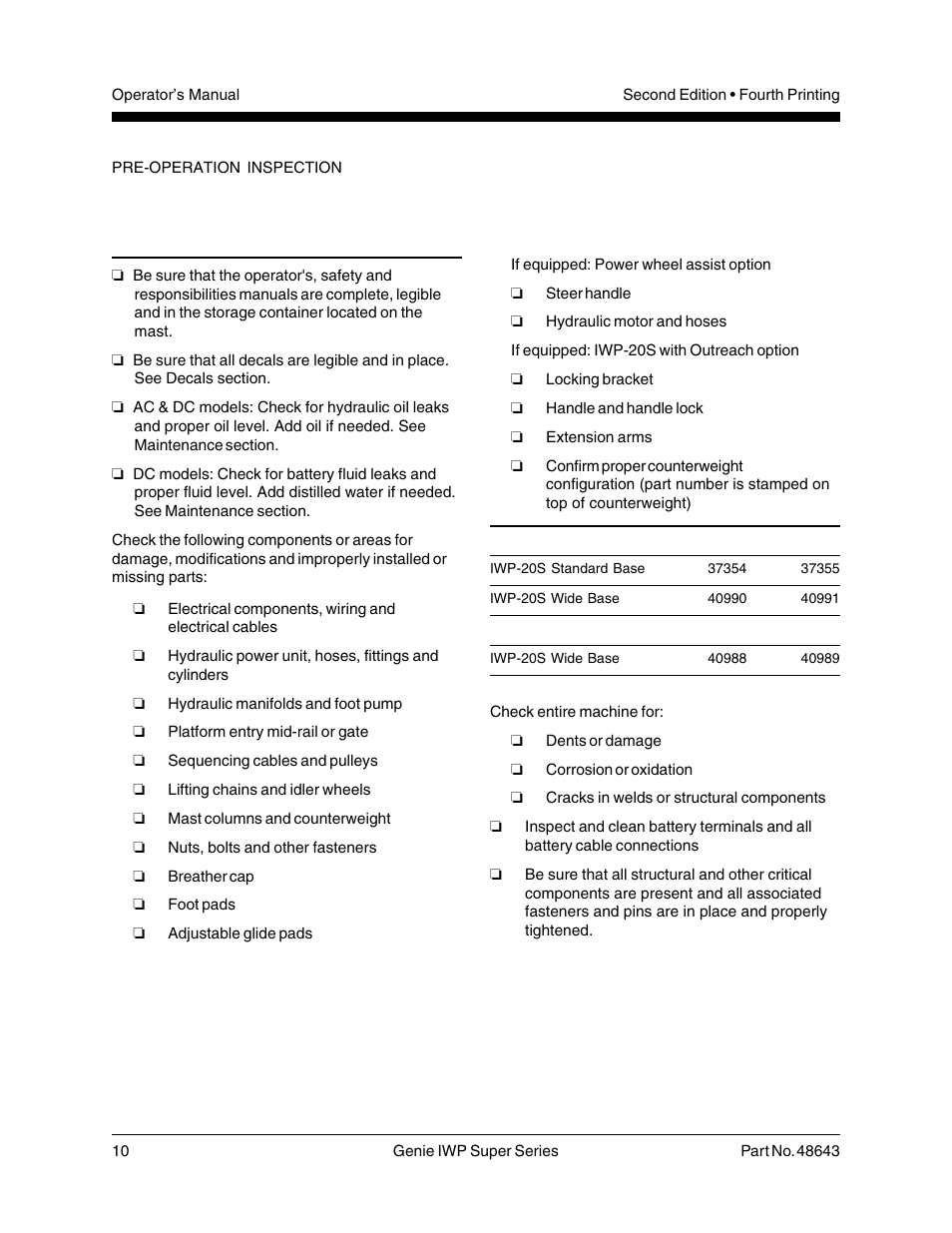 Pre-operation inspection | Genie IWP Super Series 48643 User Manual | Page 12 / 28