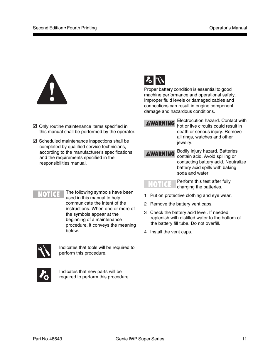 Maintenance, Observe and obey, Check the battery - dc models | Genie IWP Super Series 48643 User Manual | Page 13 / 28