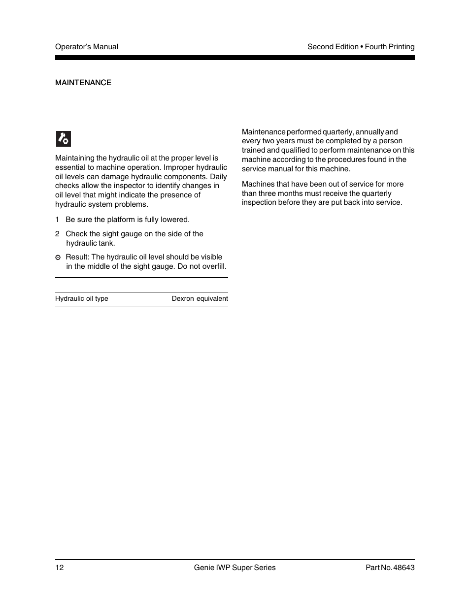 Scheduled maintenance, Check the hydraulic oil level | Genie IWP Super Series 48643 User Manual | Page 14 / 28