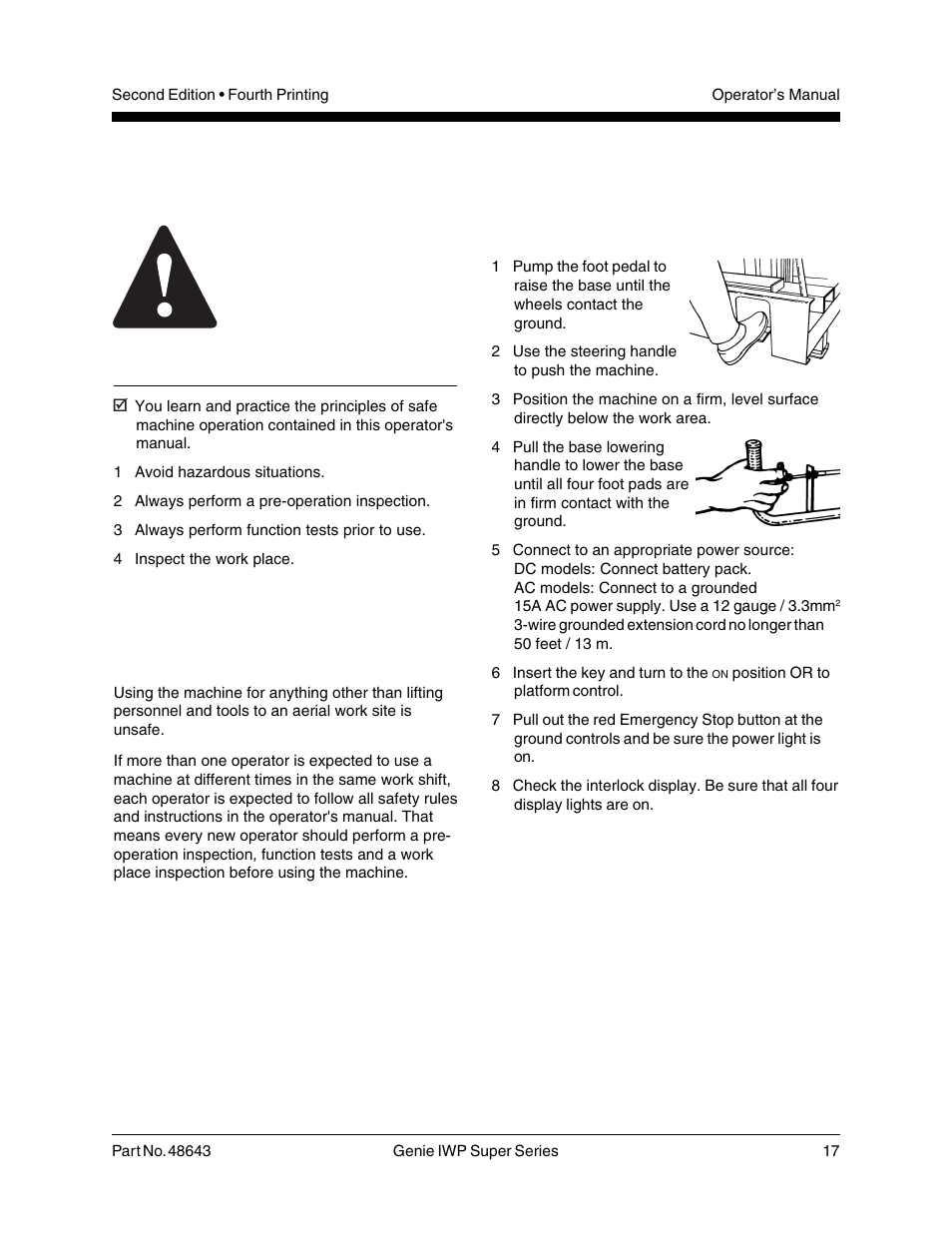 Operating instructions, Do not operate unless, Fundamentals | Setup | Genie IWP Super Series 48643 User Manual | Page 19 / 28