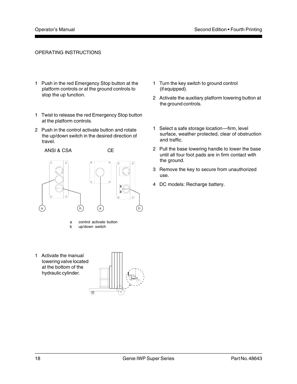 Emergency stop, Platform raise & lower, Manual lowering | Auxiliary platform lowering, After each use | Genie IWP Super Series 48643 User Manual | Page 20 / 28