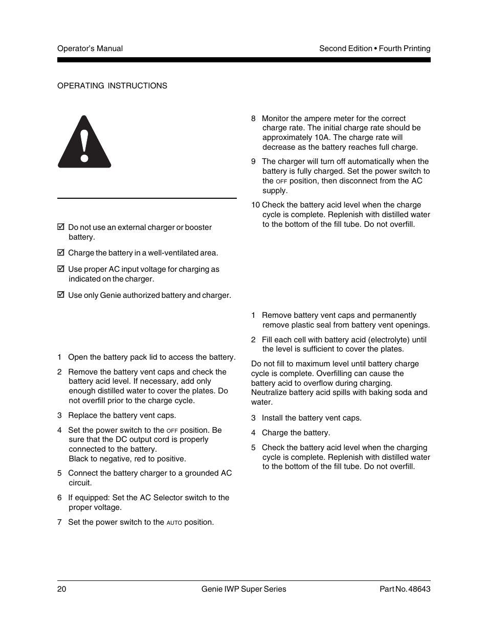 Battery and charger instructions observe and obey, Dry battery filling and charging instructions | Genie IWP Super Series 48643 User Manual | Page 22 / 28