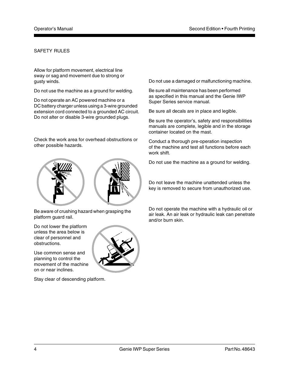 Collision hazards, Damaged machine hazards, Improper use hazard | Bodily injury hazard | Genie IWP Super Series 48643 User Manual | Page 6 / 28