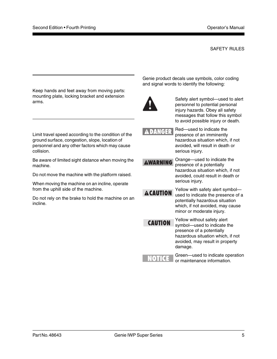 Outreach option safety bodily injury hazard, Power wheel assist option safety collision hazards, Decal legend | Genie IWP Super Series 48643 User Manual | Page 7 / 28