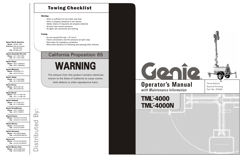 Warning, Operator’s manual, Dis tr ib u te d b y | California proposition 65, Towing checklist, With maintenance information | Genie TML-4000N User Manual | Page 28 / 28