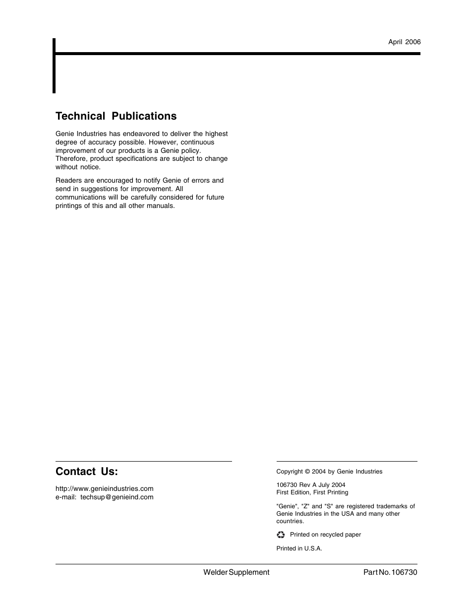 Technical publications, Contact us | Genie 106730 User Manual | Page 2 / 35