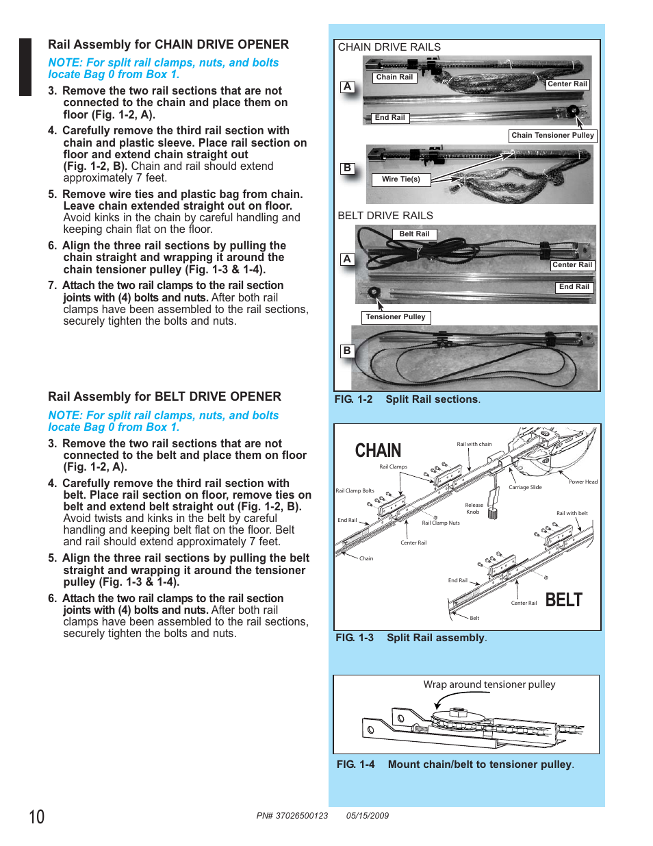 Chain belt, Rail assembly for chain drive opener, Rail assembly for belt drive opener | Genie 2024 User Manual | Page 10 / 30