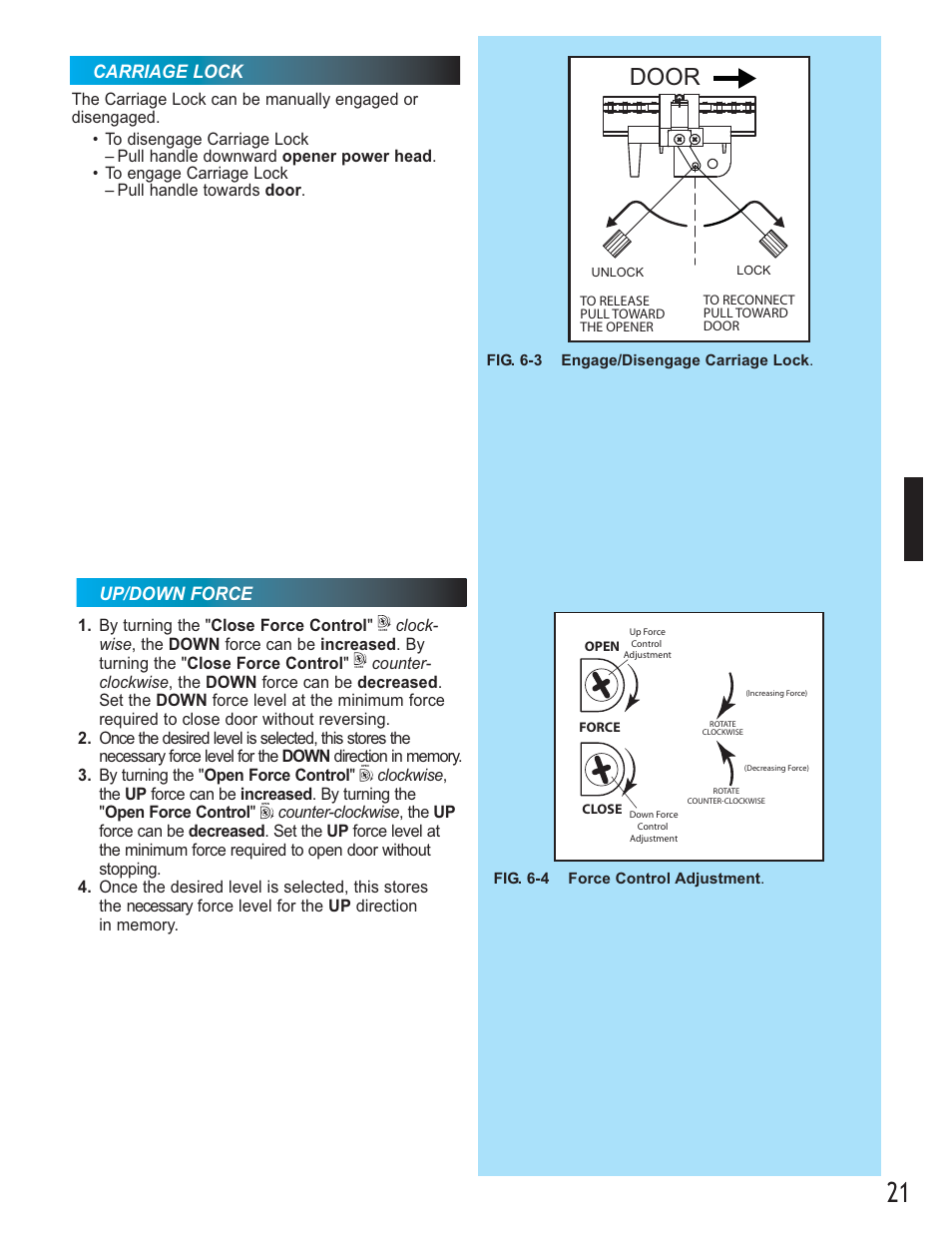 Door, Carriage lock, Up/down force | Genie 2024 User Manual | Page 21 / 30