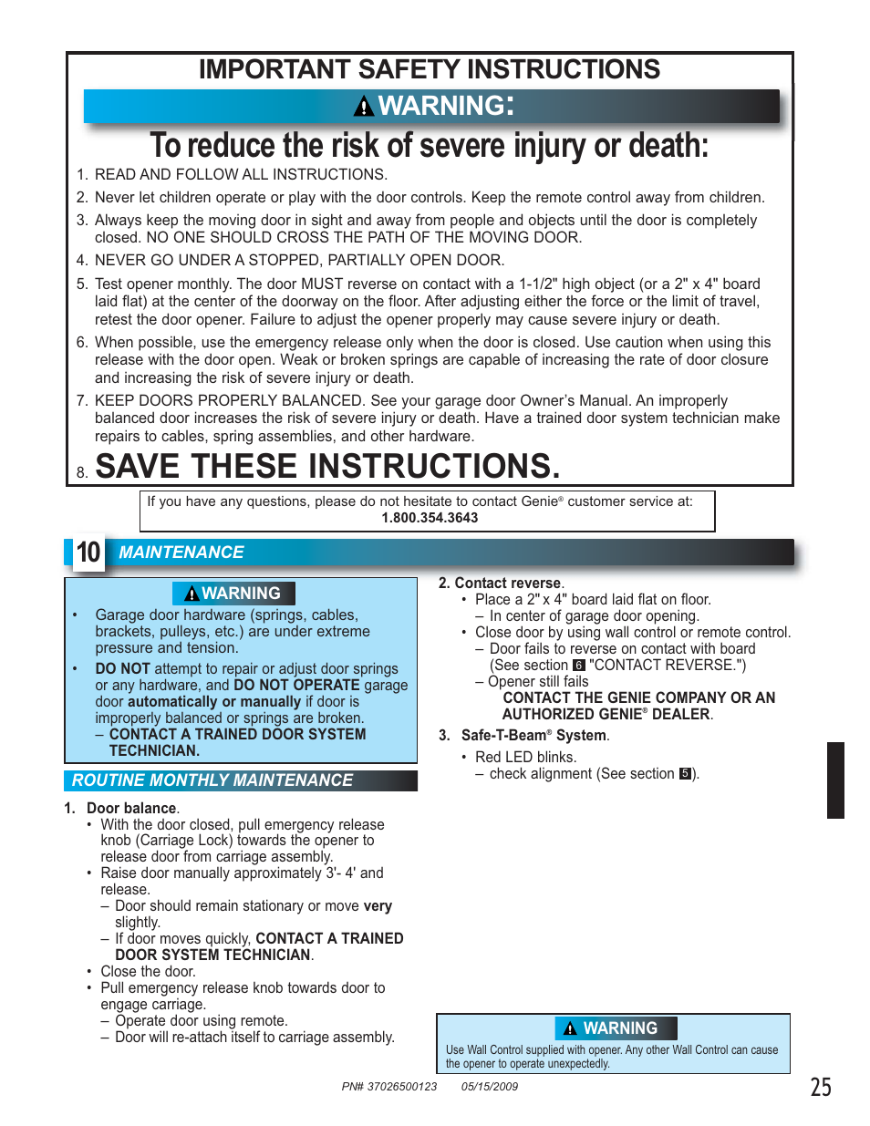Save these instructions, Important safety instructions, Warning | Genie 2024 User Manual | Page 25 / 30