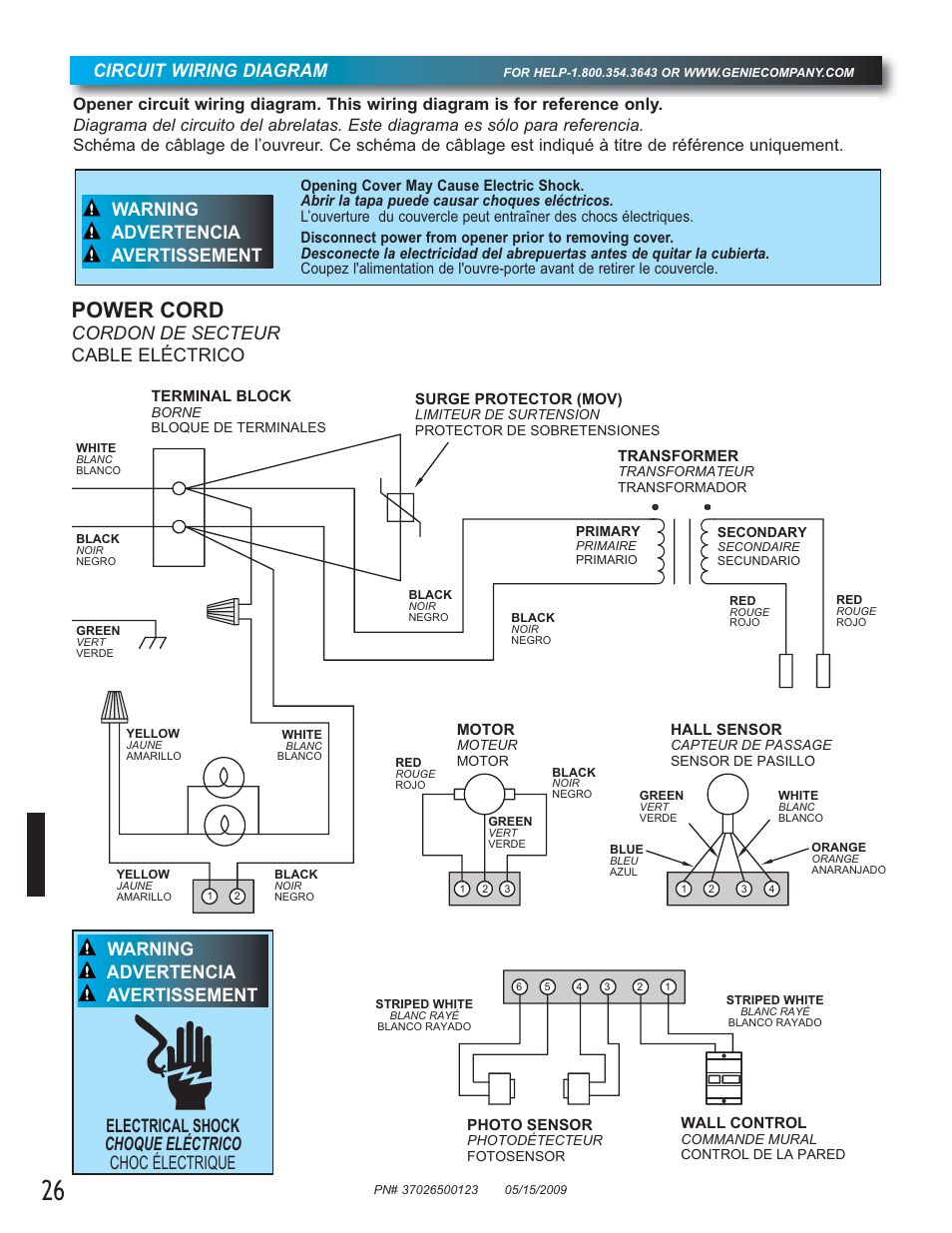 Power cord, Circuit wiring diagram, Cordon de secteur cable eléctrico | Genie 2024 User Manual | Page 26 / 30