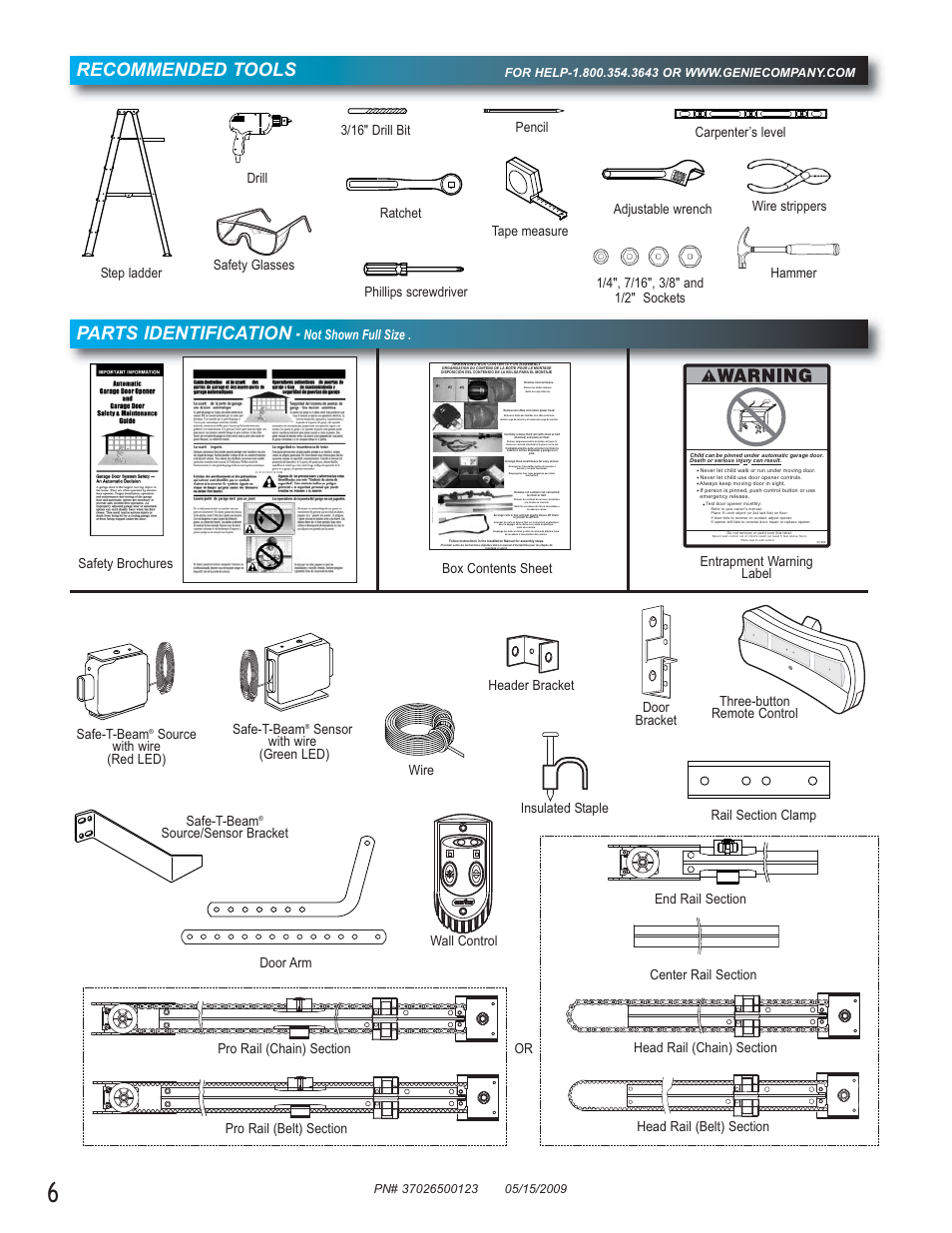 Recommended tools, Parts identification, Not shown full size . three-button remote control | Source with wire (red led) safe-t-beam, Source/sensor bracket | Genie 2024 User Manual | Page 6 / 30