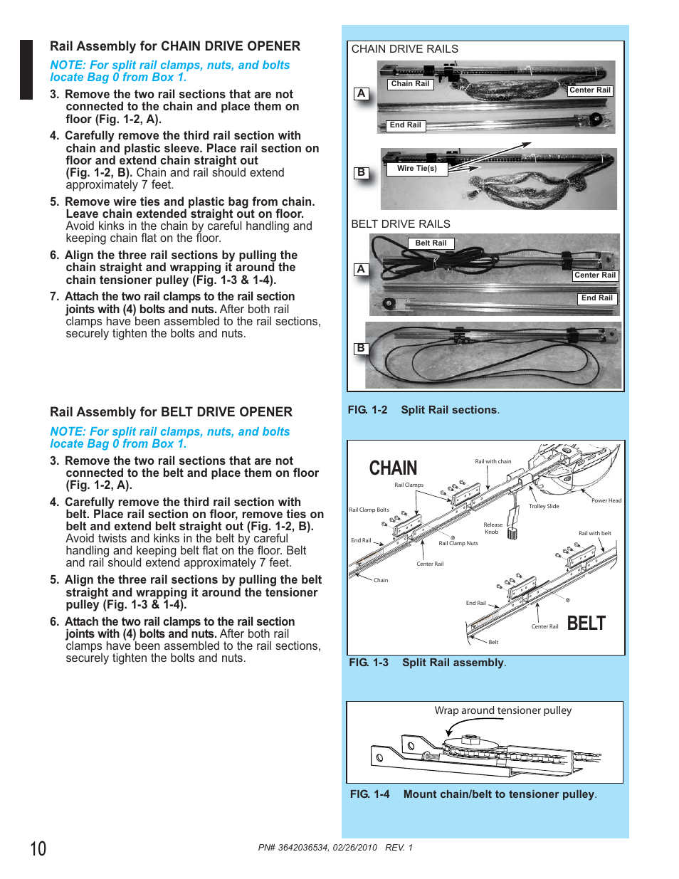 Chain belt, Rail assembly for chain drive opener, Rail assembly for belt drive opener | Genie 1042 User Manual | Page 10 / 68